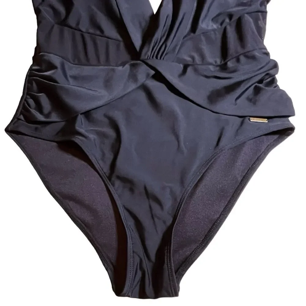 Nicole Miller Plunge Neckline Mesh Illusion Black One Piece Swimsuit Size 12